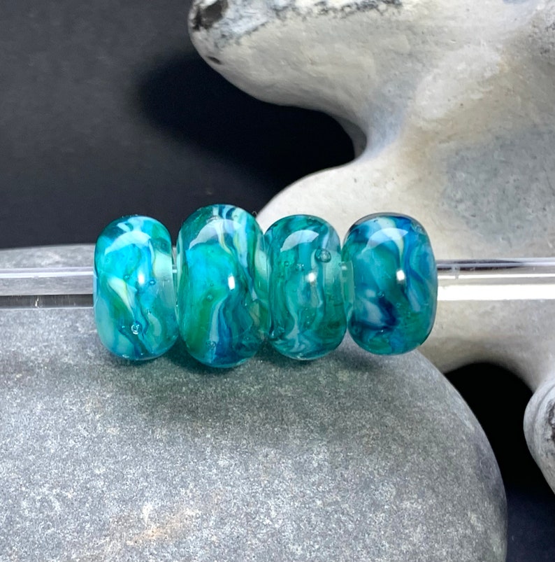 Streaky green/turquoise/aqua encased big hole lampwork glass beads. Suitable for Pandora, Troll, European charm bracelets. 5mm bead hole image 2