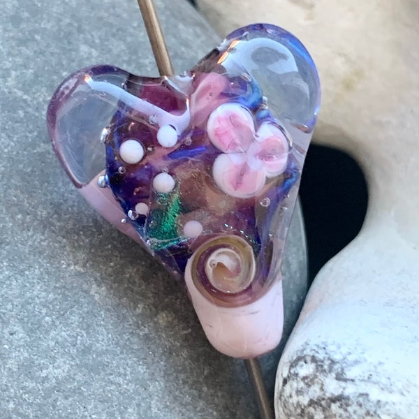 Purple silver glass lampwork heart focal bead with delicate pink flower decoration and pale pink base