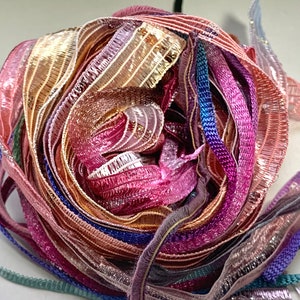 Mixed pink and purple palette ribbon yarn for jewellery and textile projects. 10 lengths of 1 metre each