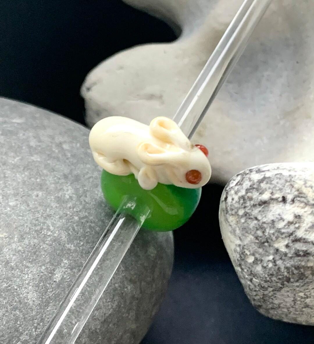 White/cream Lampwork Glass Albino Rabbit Big Hole Bead. Lime and Green ...