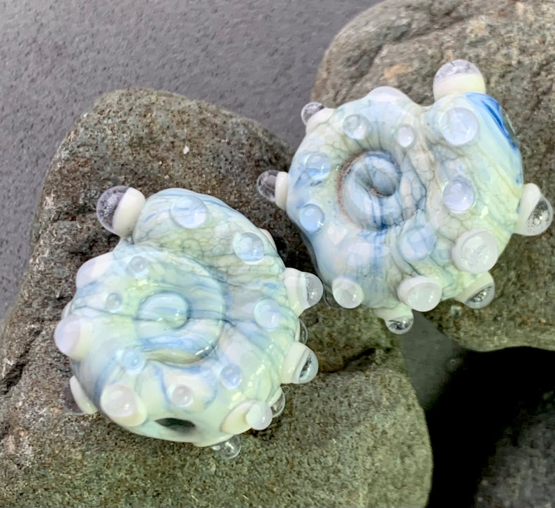 Streaky cream and blue ammonite lampwork bead pair