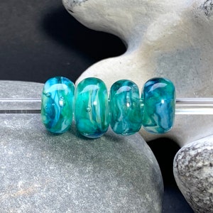 Streaky green/turquoise/aqua encased big hole lampwork glass beads. Suitable for Pandora, Troll, European charm bracelets. 5mm bead hole image 1