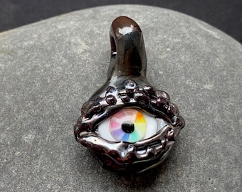 Rainbow eye lampwork glass pendant with gunmetal-coloured glass base