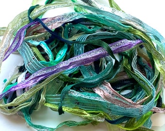 Green palette ribbon yarn, 10 strands of 1 metre each: Colinette Giotto, Louisa Harding Sari Ribbon, Texere, Ice