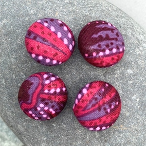 Set of 4 Kaffe Fassett design cotton fabric buttons in shades of plum, purple and pink