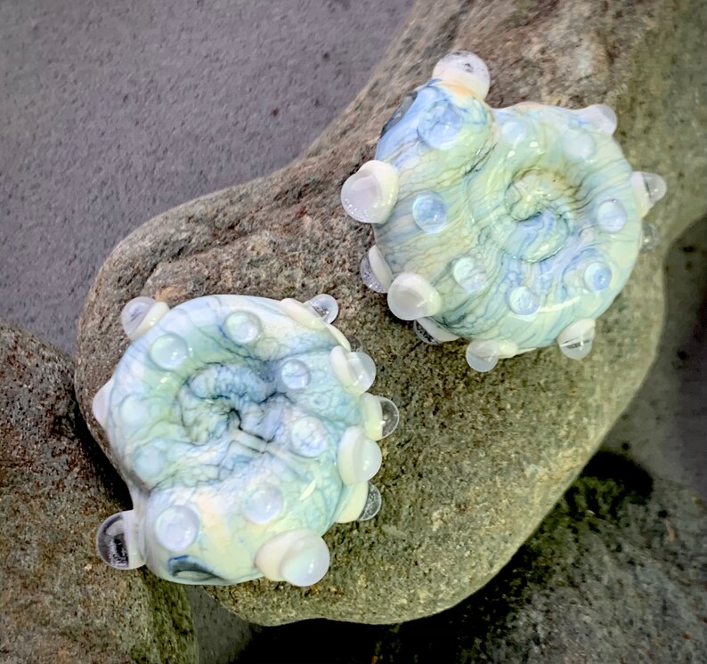Streaky cream and blue ammonite lampwork bead pair