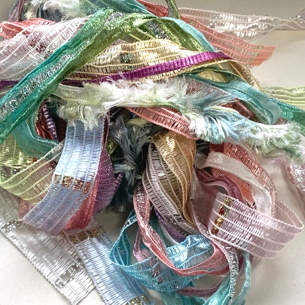 Monet Waterlillies pastel palette ribbon yarn collection. 10 lengths of 1 metre each. Includes Colinette, Louisa Harding and ICE ribbon yarn
