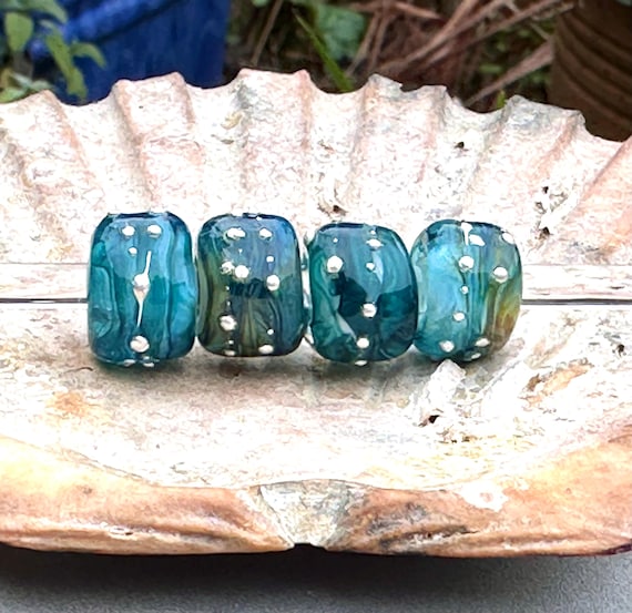 Streaky dark teal/olive big hole lampwork glass beads with pure silver dots. For Pandora, Troll, European charm bracelets. 5mm bead hole