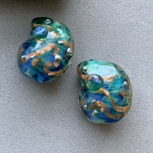 Teal, turquoise, blue and goldstone lampwork ammonite bead pair for earrings