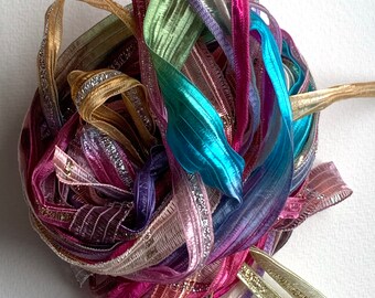 Mixed pink and purple palette ribbon yarn for jewellery and textile projects. 10 lengths of 1 metre each