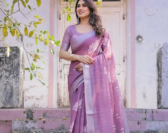 Handgeweven linnen sari in mauve met lotus- en koemotief Zachte sari met zari-rand etnische Indiase sari voor dames feestelijke traditionele kleding