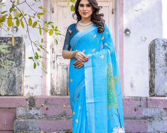 Hand-Painted Blue Linen Saree with Cow & Tree Motif | Ethnic Indian Saree | Lightweight Festive Wear | Soft Linen Saree with Pallu Art