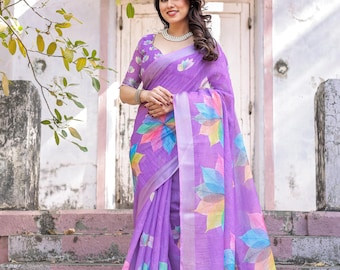 Handgeweven paarse linnen sari met veelkleurige bladprint Lichtgewicht linnen sari Zachte natuurlijke stof Etnische feestelijke kleding Traditioneel Indiaas