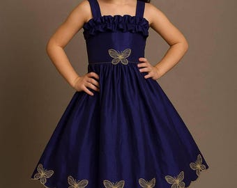 Girls Royal Blue Party Dress with Butterfly Diamond work– Toddler Birthday Dress – Elegant Sleeveless Kids Dress for Special Occasions