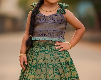 Kids Traditional Parrot Green & Royal Blue Banarasi Lehenga Choli with Gold Zari Work