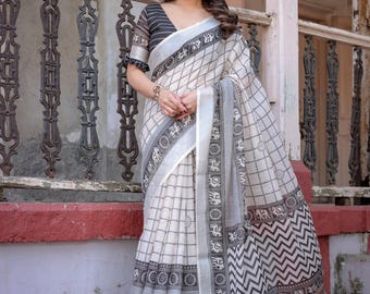 Black & White Linen Saree with Temple Border and Tribal Motifs | Handwoven Look | Lightweight Ethnic Saree | Monochrome Indian Saree