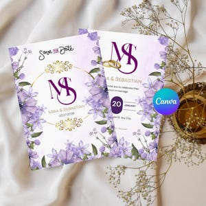 Editable Wedding Invitation Canva Template | Purple Floral Bride & Groom Invite | Printable Wedding Card | Digital Download