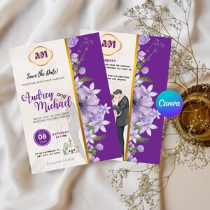 Editable Wedding Invitation Canva Template | Purple Floral Bride & Groom Invite | Printable Wedding Card | Digital Download