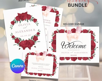 Red Theme Wedding Invitation Bundle | Elegant Classic Template | Editable Canva & PDF Instant Download