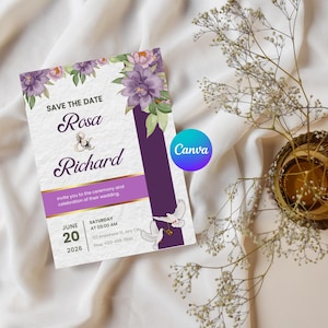 Editable Wedding Invitation Canva Template | Purple Floral Bride & Groom Invite | Printable Wedding Card | Digital Download