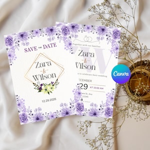 Editable Wedding Invitation Canva Template | Purple Floral Bride & Groom Invite | Printable Wedding Card | Digital Download