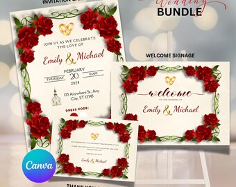 Red Theme Wedding Invitation Bundle | Elegant Classic Template | Editable Canva & PDF Instant Download