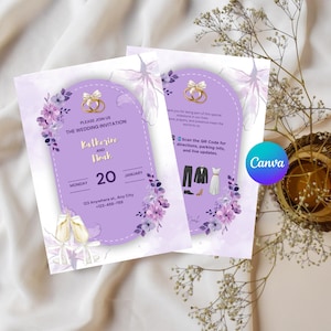 Editable Wedding Invitation Canva Template | Purple Floral Bride & Groom Invite | Printable Wedding Card | Digital Download