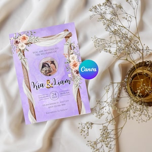 Editable Wedding Invitation Canva Template | Purple Floral Bride & Groom Invite | Printable Wedding Card | Digital Download