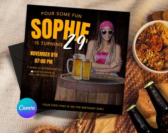 Beer Themed Birthday Invitation Printable | Editable Brewery Party Canva Template | Instant Download
