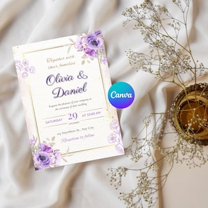 Editable Wedding Invitation Canva Template | Purple Floral Bride & Groom Invite | Printable Wedding Card | Digital Download
