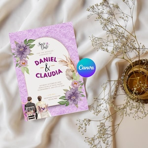 Editable Wedding Invitation Canva Template | Purple Floral Bride & Groom Invite | Printable Wedding Card | Digital Download