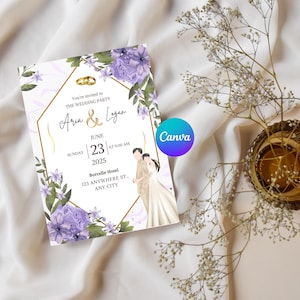 Editable Wedding Invitation Canva Template | Purple Floral Bride & Groom Invite | Printable Wedding Card | Digital Download