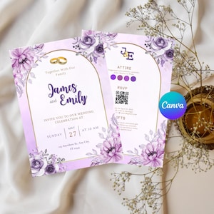 Editable Wedding Invitation Canva Template | Purple Floral Bride & Groom Invite | Printable Wedding Card | Digital Download