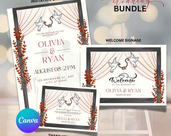 Red Theme Wedding Invitation Bundle | Elegant Classic Template | Editable Canva & PDF Instant Download