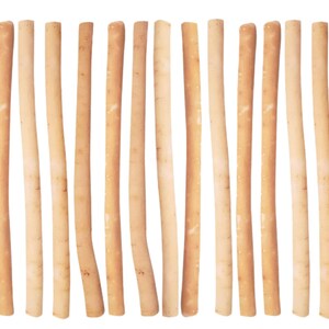 May include: A collection of twenty-one light brown, slender, and cylindrical sticks, arranged vertically against a white background. The sticks vary slightly in color and thickness, with a natural, organic appearance.
