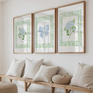 Hydrangea & Bows Watercolor Prints: Grandmillennial Coastal Wall Art (Digital Download)
