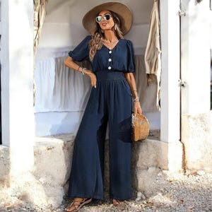 Relaxed Wide-Leg Jumpsuit with Pockets – Smocked Waist Maxi Romper | Comfortable, Breathable One-Piece, Plus Size Available
