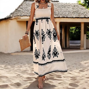 Maxi Beach Dress with square neck— Flowy, perfect for summer, holidays, and resort wear. Stylish women’s vacation dress for sunny days