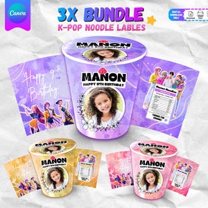 以下が含まれることがあります： 「Manon」と「Happy 9th Birthday」の文字が入ったK-POPヌードルラベルのセット。ラベルは紫、金、ピンクで、女の子の写真が使われています。「3X BUNDLE」と「K-POP NOODLE LABELS」の文字も表示されています。