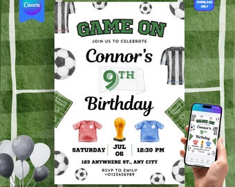 Soccer Birthday Invitation, Kids Football Birthday, Sports Theme, Soccer Party Invite, Sport Party, Instant Download, Canva Editable