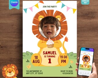 Safari 1st Birthday Invite, Lion Invitation,  Wild Ones Play Kids, Lion invite, Customise Canva Template