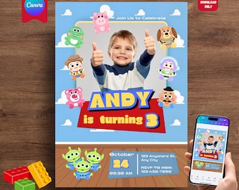 編集可能なトイストーリー誕生日テンプレート、トイストーリー招待状、印刷可能なデジタル招待状、Canvaデザイン5x7