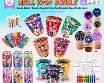 K-POPデーモンハンターズラベル、ラーメンヌードルカップ、ソーダ缶ラップ、ハントリックス＆サジャボーイズバンドル、印刷可能な誕生日パーティーの記念品