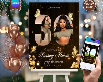 編集可能な30歳の誕生日フォトコラージュサイン、Canvaの誕生日ウェルカムサイン、印刷可能な30歳の誕生日フォトテンプレート、エレガントなパーティーサイン