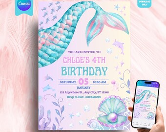 Mermaid Tails Invite, Under The Sea Invite Digital, Mermaid 5th Birthday, Editable Canva Template (Digital Download)