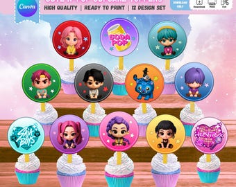 印刷可能なKポップカップケーキトッパー、編集可能なKポップパーティーの記念品、アニメコスプレの誕生日パーティーのデコレーション、12種類のデザイン