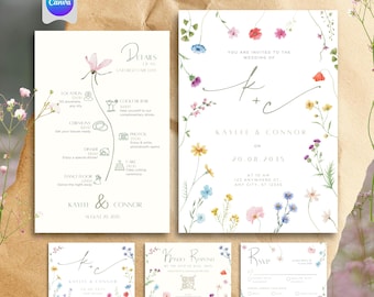 花のウェディング招待状：ガーデンウェディング招待状セット、返信用QRコードカード、セーブ・ザ・デートカード（編集可能なテンプレート）