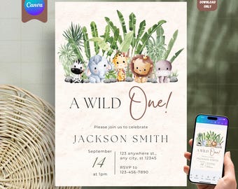Safari First Birthday Evite, Wild One Birthday, 1st Birthday Digital Invite, Jungle First Birthday Evite, Jungle Animals Party Canva