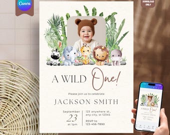 編集可能なワイルドワンサファリ誕生日招待状、ジャングル動物の写真付き1歳の誕生日招待状、印刷可能なデジタルダウンロード