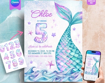 Mermaid Tail Birthday Invite, Mermaid 5th, Five Mermaid Birthday Invitation, Editable Canva Template